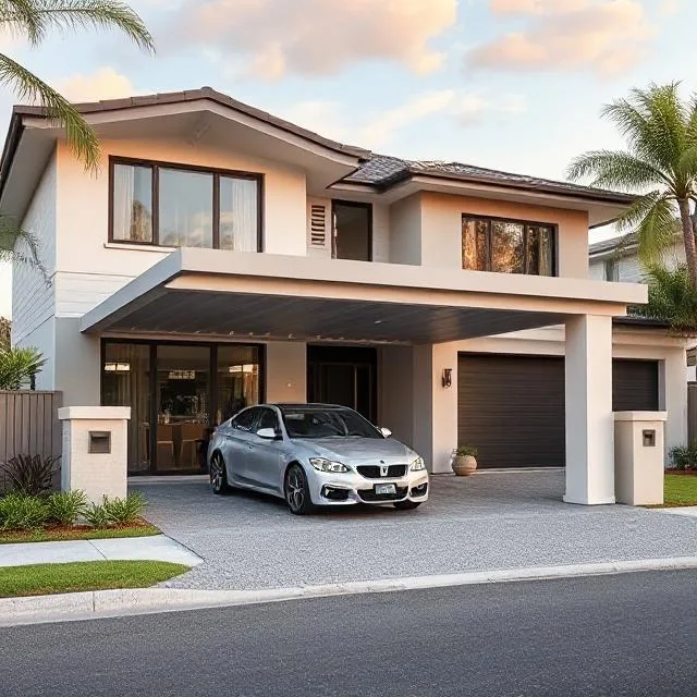 Double carport integrated with the front facade of a Runaway Bay home