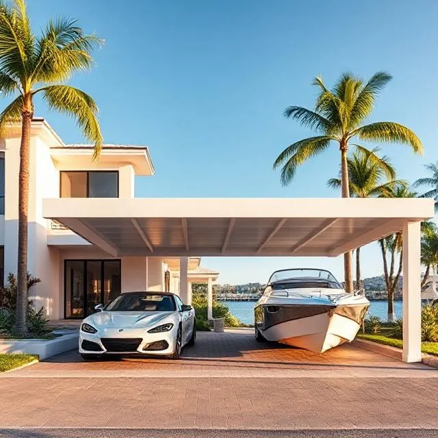 Luxury Waterfront Hope Island Home with Custom White Aluminum Carport for Car and Boat