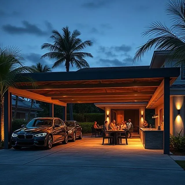 Paradise Point Multi-Purpose Carport and Outdoor Entertaining Area at Dusk
